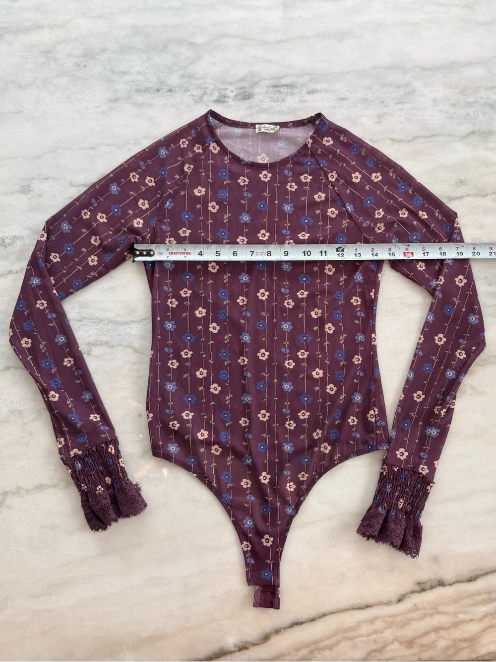 Free People Up All Night Printed Bodysuit Plum Floral Mesh Women Size M